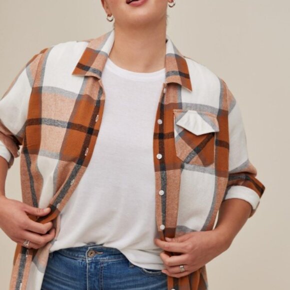 Torrid size 4 (26W) Plaid Brown Cotton Long Line Shacket - Picture 5 of 10